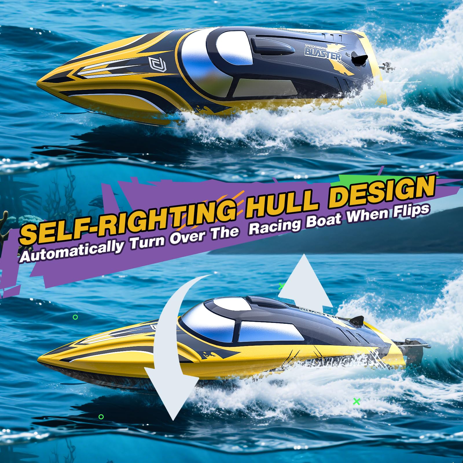 DEERC 14 RC boat dual batteries extend runtime for longer sessions.