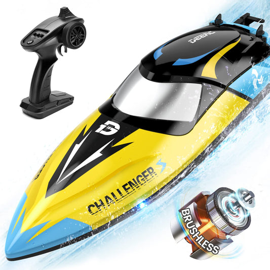 DEERC 16-inch brushless RC boat, front view, built for high-speed lake fun.