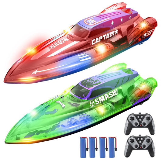 DEERC 2-pack 13-inch RC boats with LED lights for vibrant night sailing.