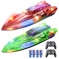 DEERC 2-pack 13-inch RC boats with LED lights for vibrant night sailing.