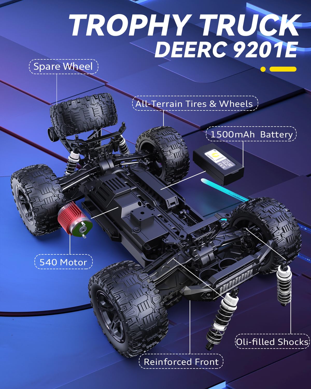 DEERC 9201E battery pack emphasizes dual 1200mAh batteries for longer sessions.