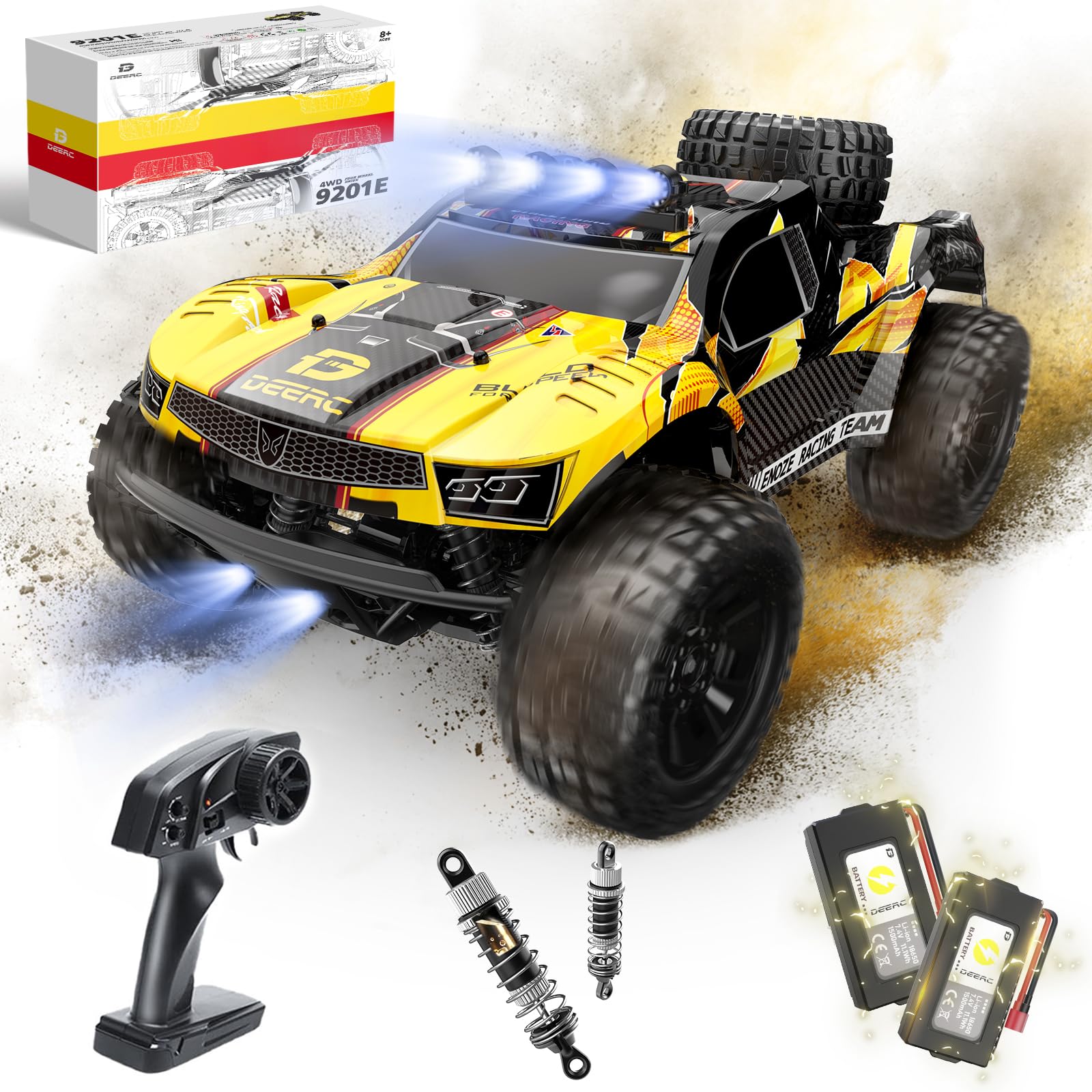 DEERC 9201E front view highlights rugged off-road chassis for tough terrain.