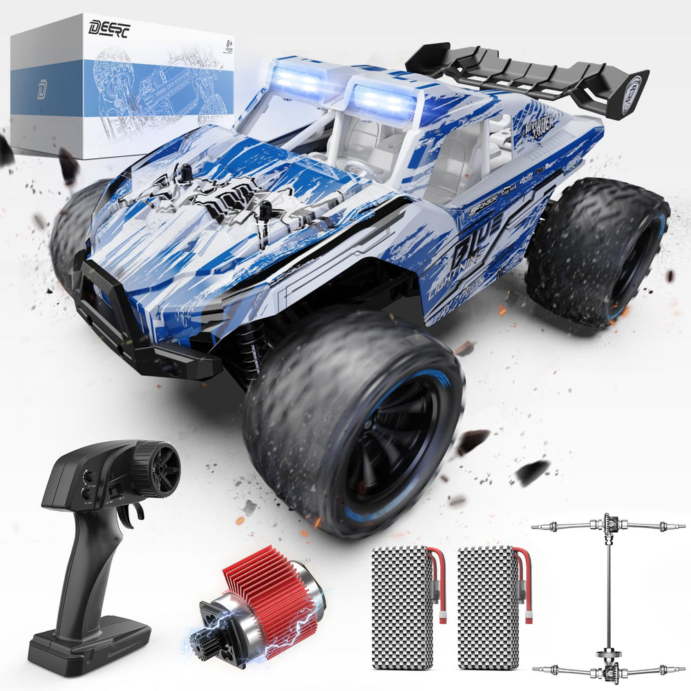 DEERC All Terrain RC Car front view showing rugged chassis for off-road adventures.