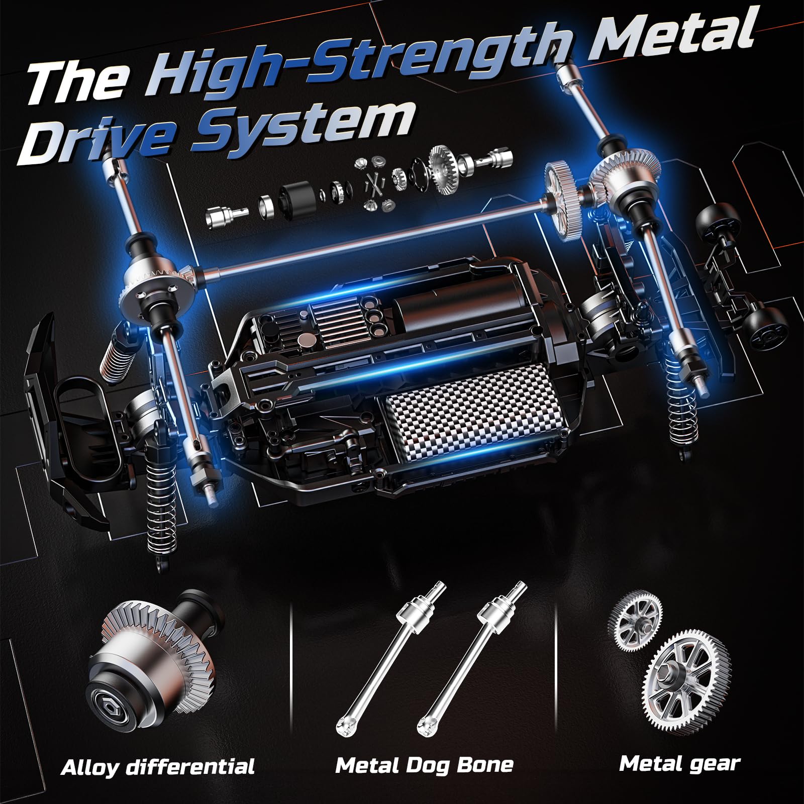 DEERC All Terrain RC Car LED headlights illuminate night rides for extended play.
