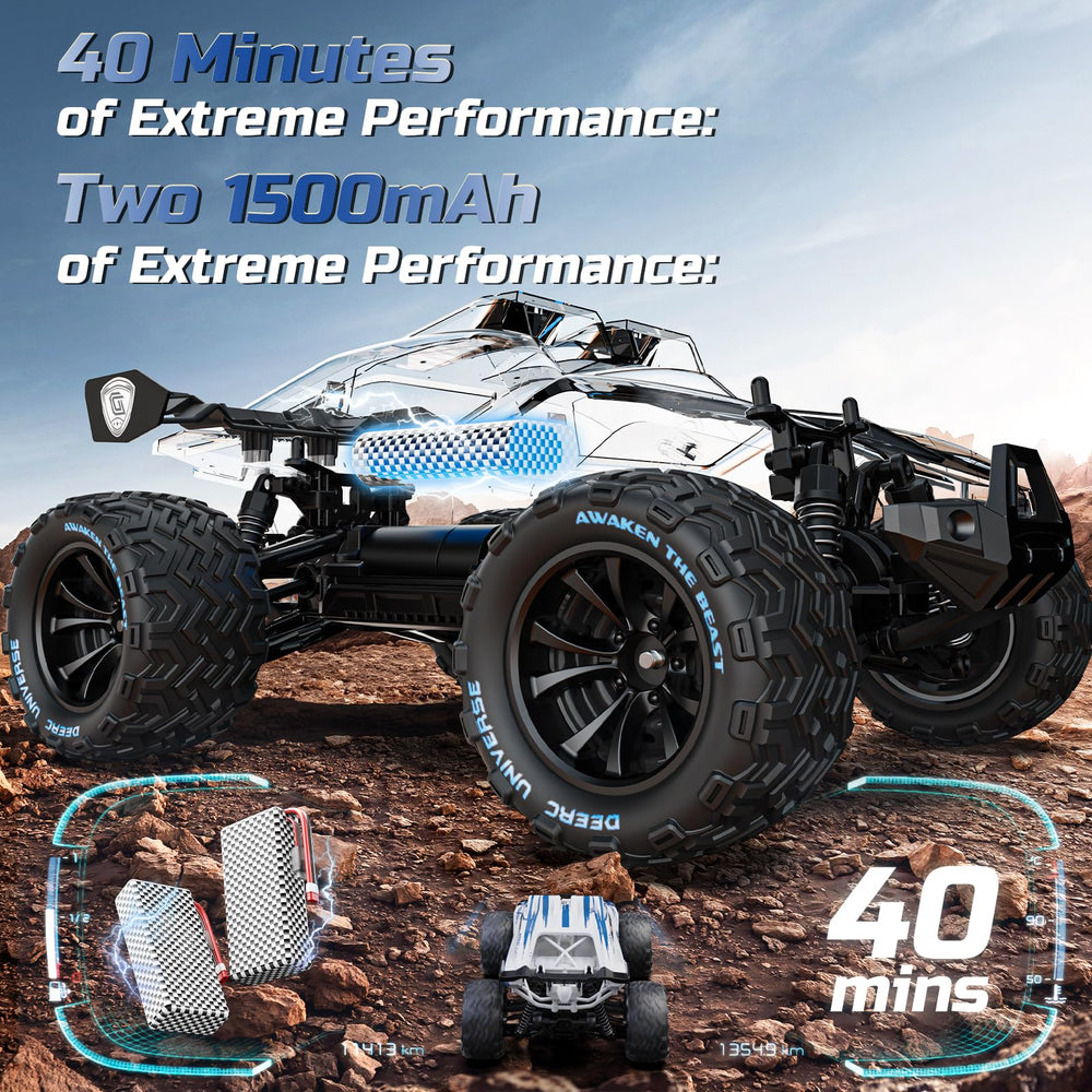 DEERC All Terrain RC Car metal shocks emphasize durability on rocky trails.