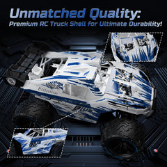 DEERC All Terrain RC Car off-road chassis underlines rugged design for sand and mud.
