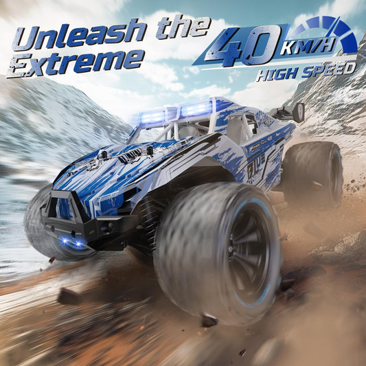 DEERC All Terrain RC Car side view highlighting 4WD performance on uneven terrain.