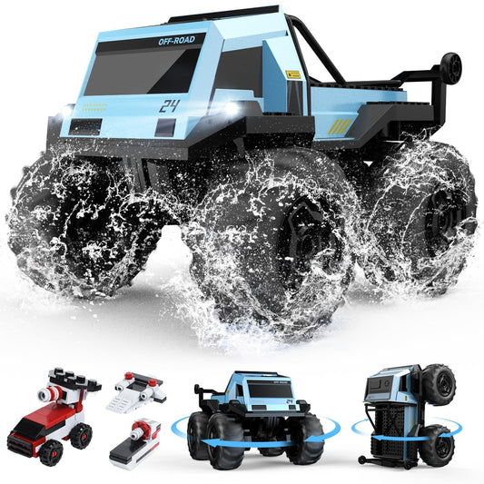DEERC amphibious RC truck with stunt LED lights for dramatic night driving.