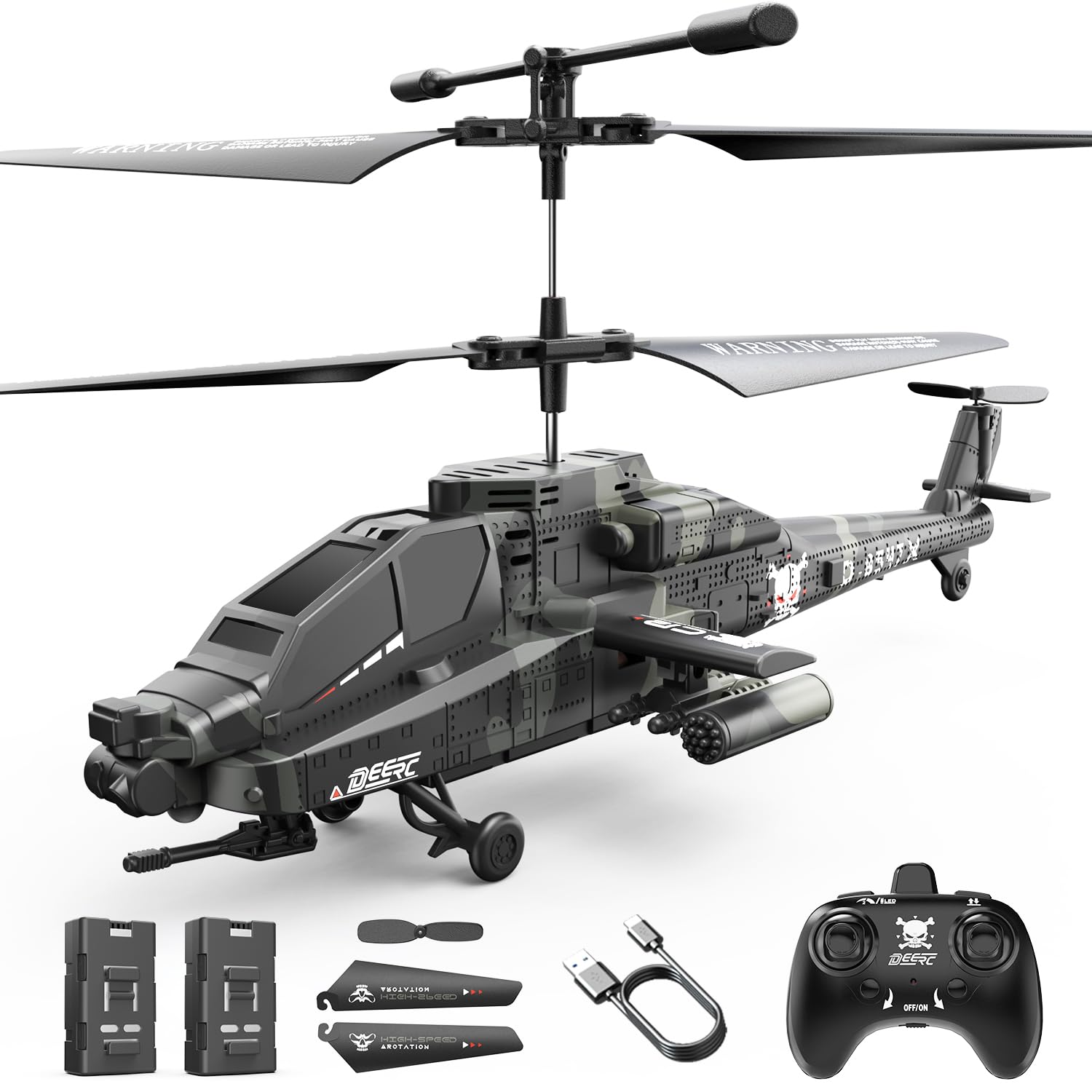 DEERC Apache front view with a bold skull print for stylish, immersive piloting.