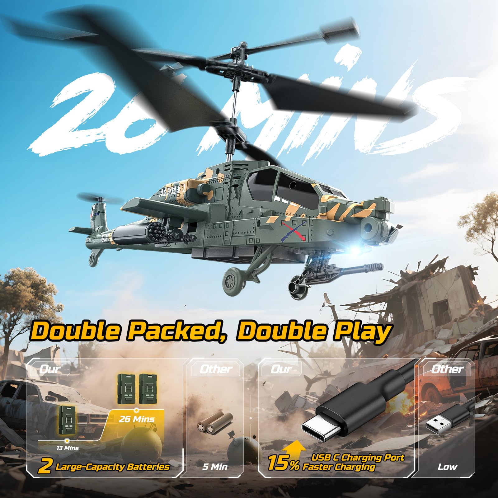 DEERC Apache RC helicopter with two modular batteries for longer playtime.