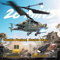 DEERC Apache RC helicopter with two modular batteries for longer playtime.