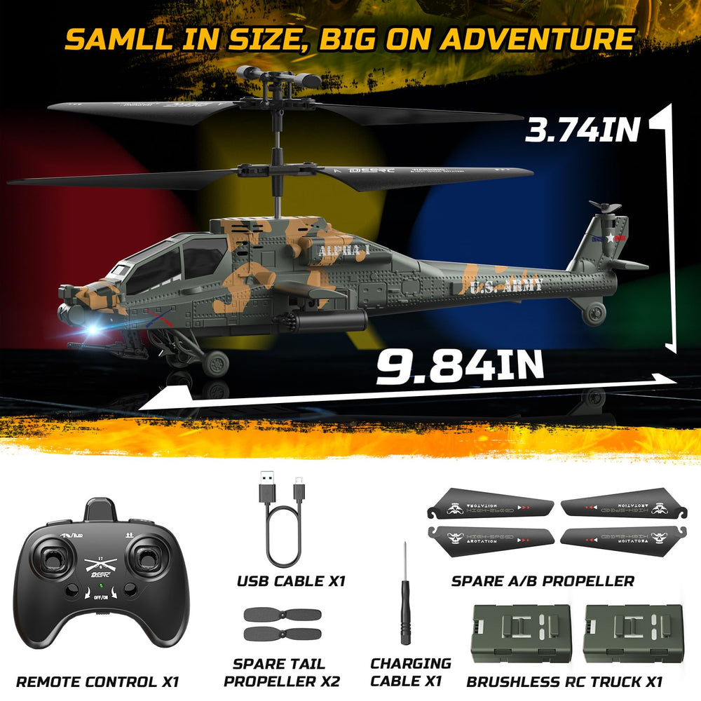 Lightweight DEERC Apache helicopter designed for safe indoor flying environments.