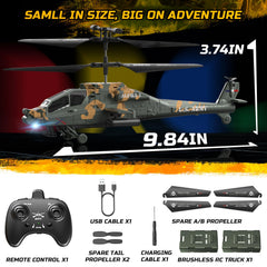 Lightweight DEERC Apache helicopter designed for safe indoor flying environments.