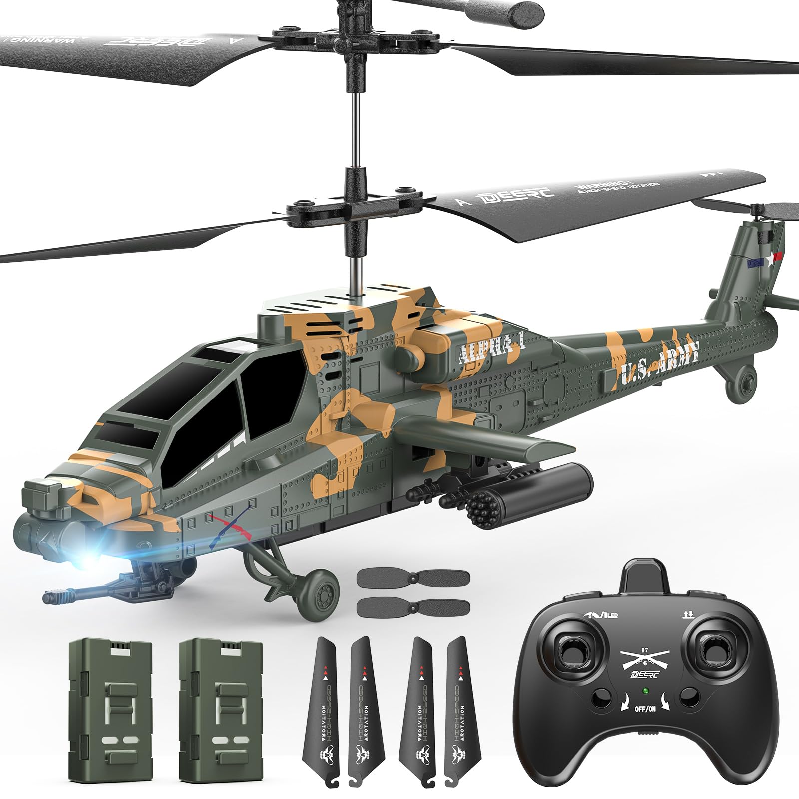 DEERC Apache RC helicopter indoors with stable altitude hold for easy control.