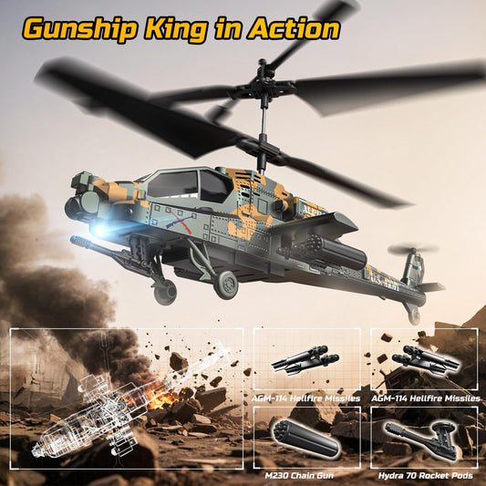 DEERC Apache RC helicopter showing LED lights for low-light visibility.