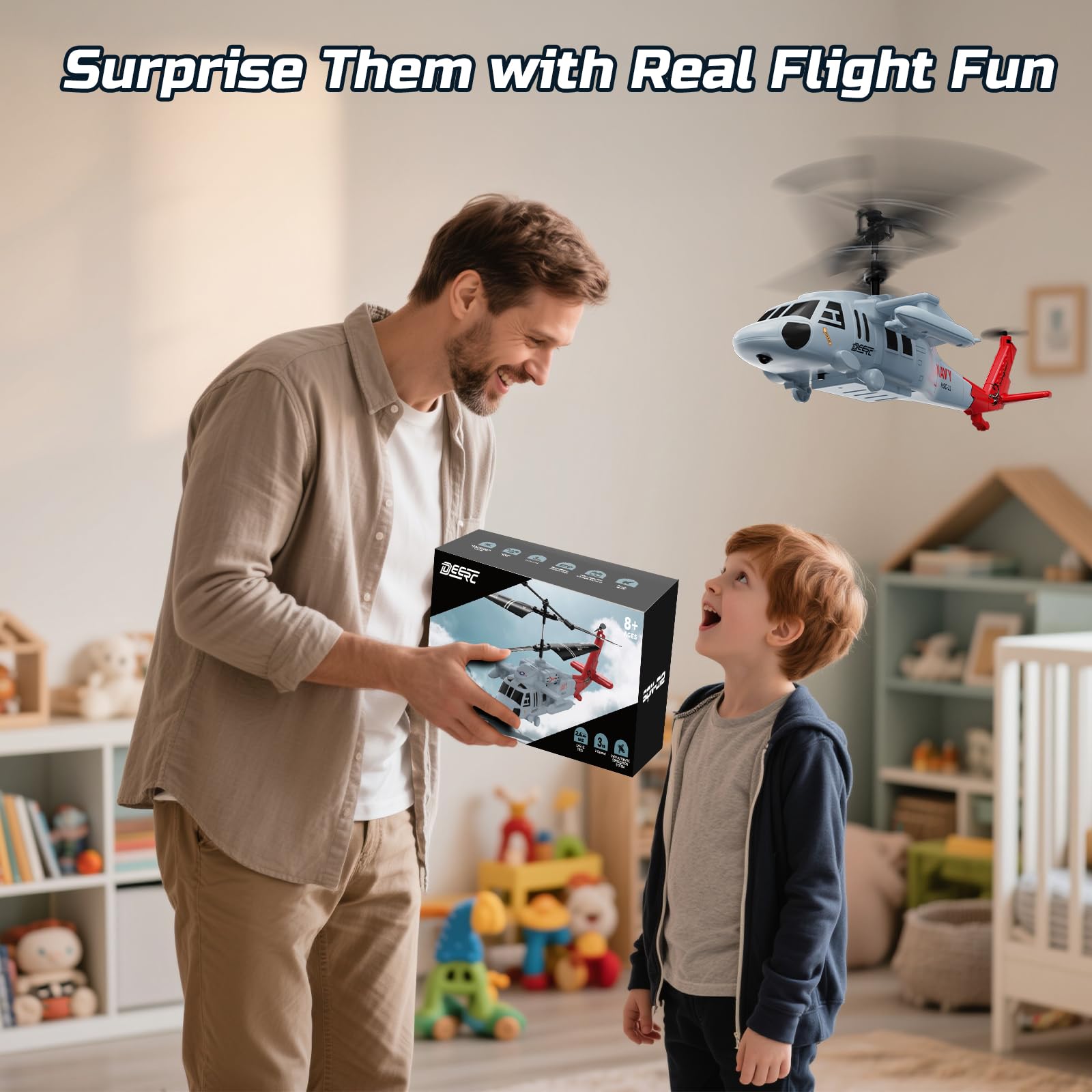 DEERC Black Hawk RC helicopter compact design for easy indoor flight storage.
