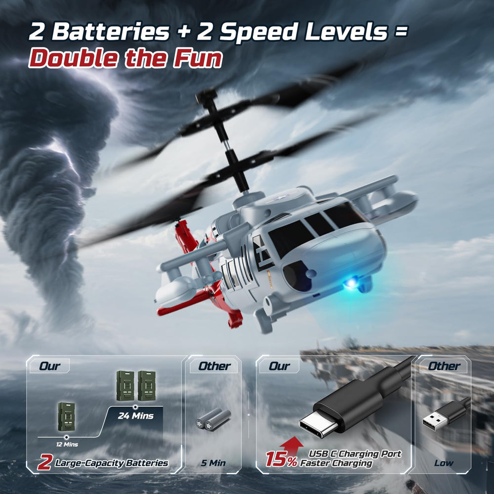 DEERC Black Hawk RC helicopter LED lights illuminate dusk flights for tracking.