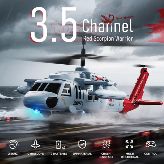DEERC Black Hawk RC helicopter with red scorpion tail detail for bold air presence.
