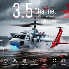 DEERC Black Hawk RC helicopter with red scorpion tail detail for bold air presence.