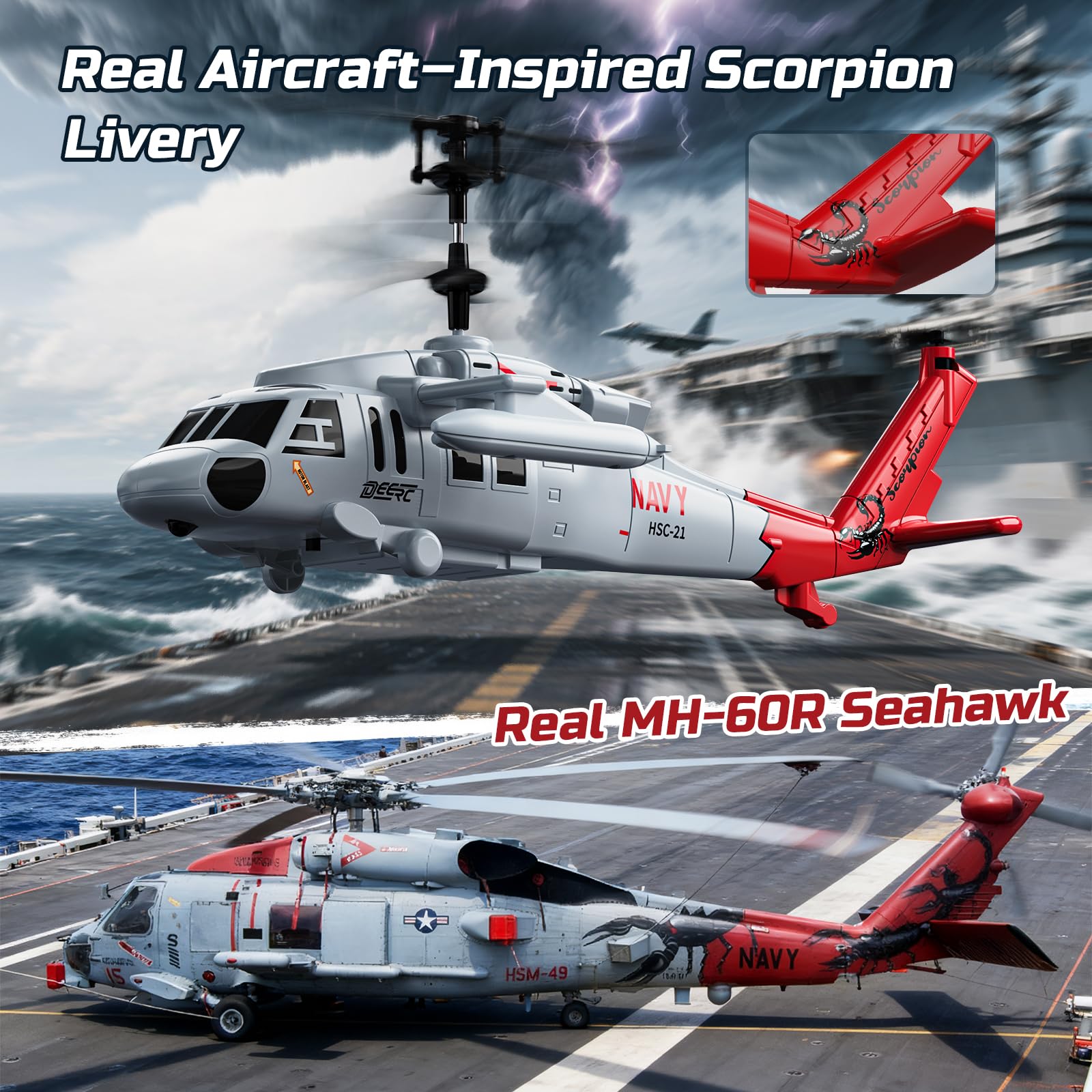 DEERC Black Hawk RC helicopter USB-C charging enables quick recharges.