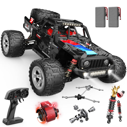 DEERC brushless motor powering the 1/10 scale trophy truck for high-speed off-road performance.