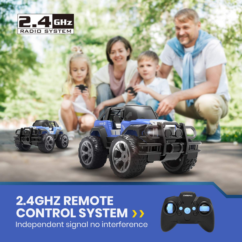 DEERC DE42 blue RC car uses 2.4GHz radio for precise control.