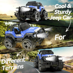 DEERC DE42 blue RC car handles grass, gravel, and sand with confidence.