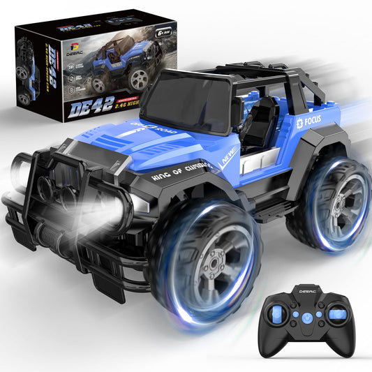 DEERC DE42 blue RC car for off-road backyard adventures with durable tires.