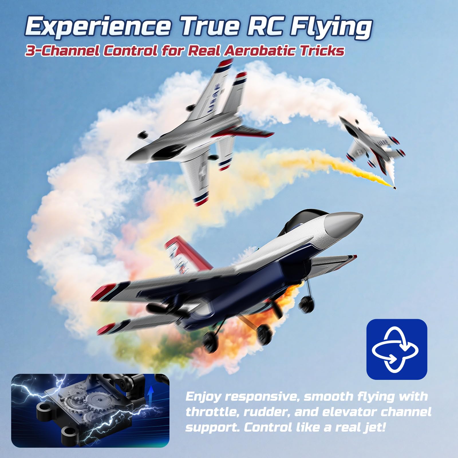 DEERC F16 Thunderbirds two batteries extend flight time up to 20 minutes.