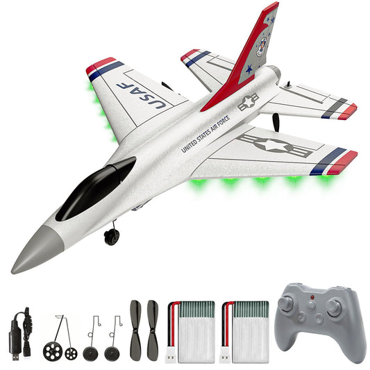 DEERC F16 Thunderbirds front view with lights for dynamic flights.