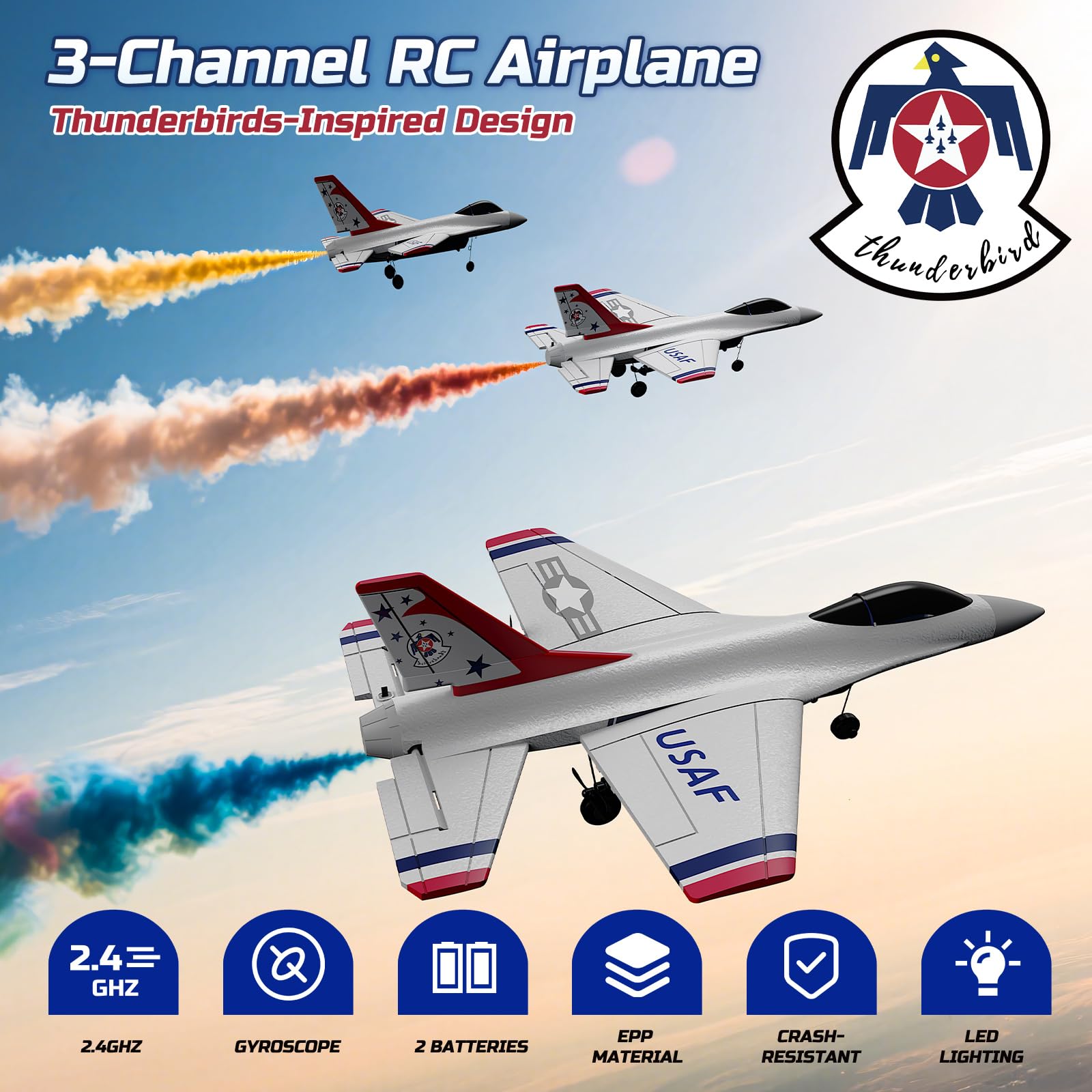 DEERC F16 Thunderbirds gyro-stabilized design enables smooth beginner flights.