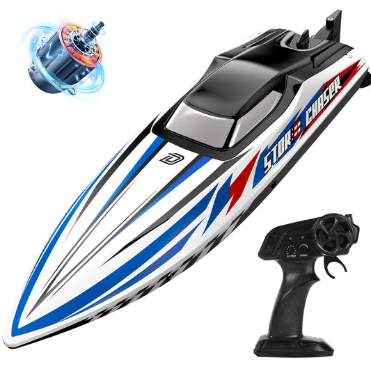 DEERC fast brushless RC boat side view for high-speed action in pools