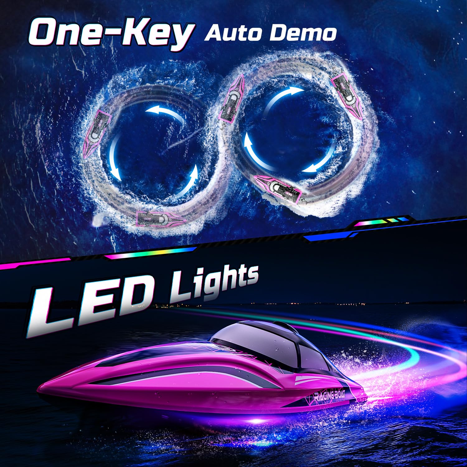 DEERC 2.4GHz anti-interference pink RC boat enables multiplayer races.