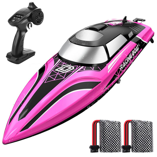DEERC fast RC boat with LED lights, pink, front view highlighting stylish speed.