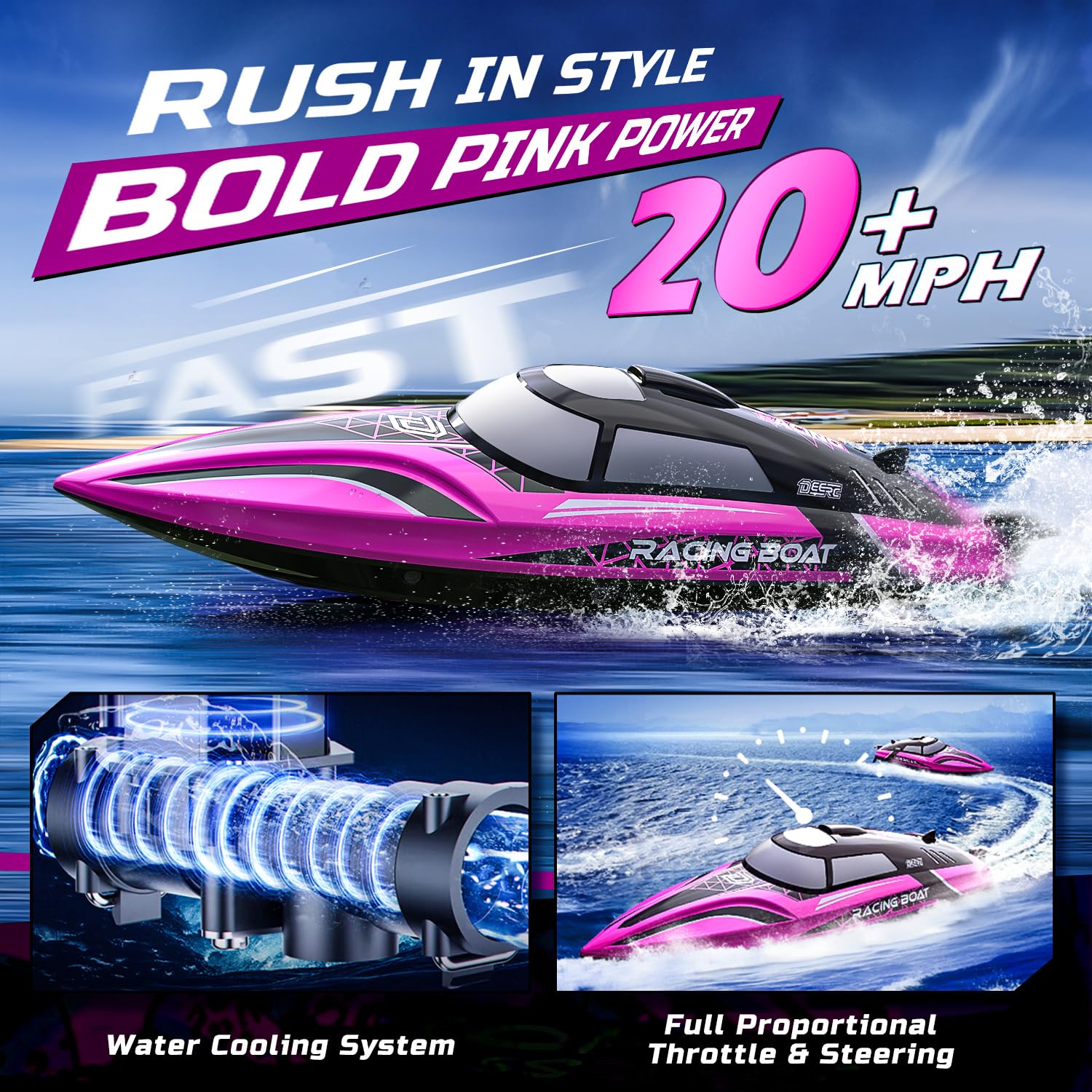DEERC pink RC boat in action with LED lights for vibrant water racing.
