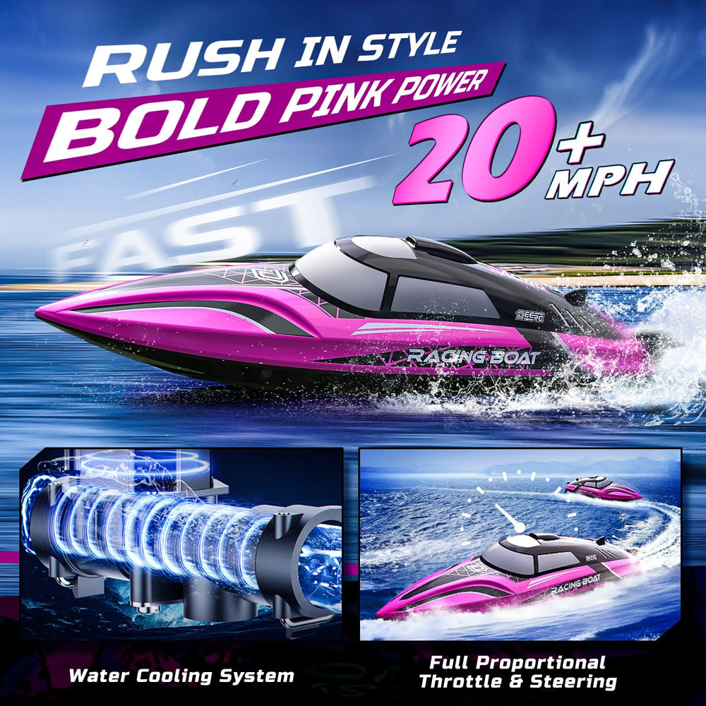DEERC pink RC boat in action with LED lights for vibrant water racing.