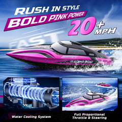 DEERC pink RC boat in action with LED lights for vibrant water racing.