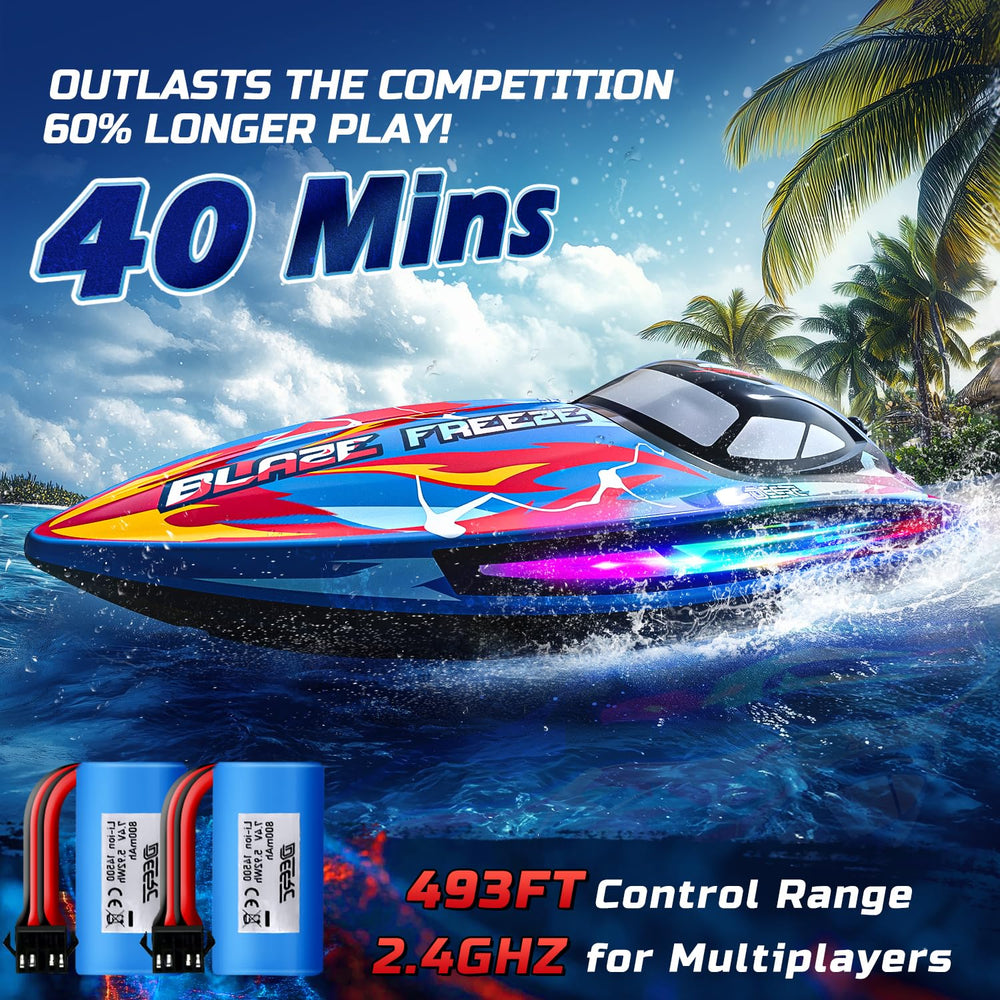 DEERC RC boat with seven LED modes lights up water at dusk.