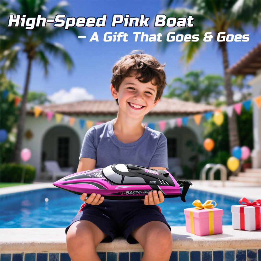 DEERC pink LED-lit RC boat during night-time racing for dramatic effect.