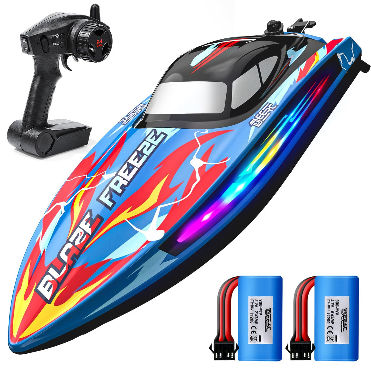 DEERC fast RC boat racing in pool with LED lighting showcase.