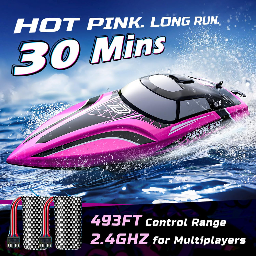 DEERC pink self-righting RC boat demonstrates 180° recovery on water.