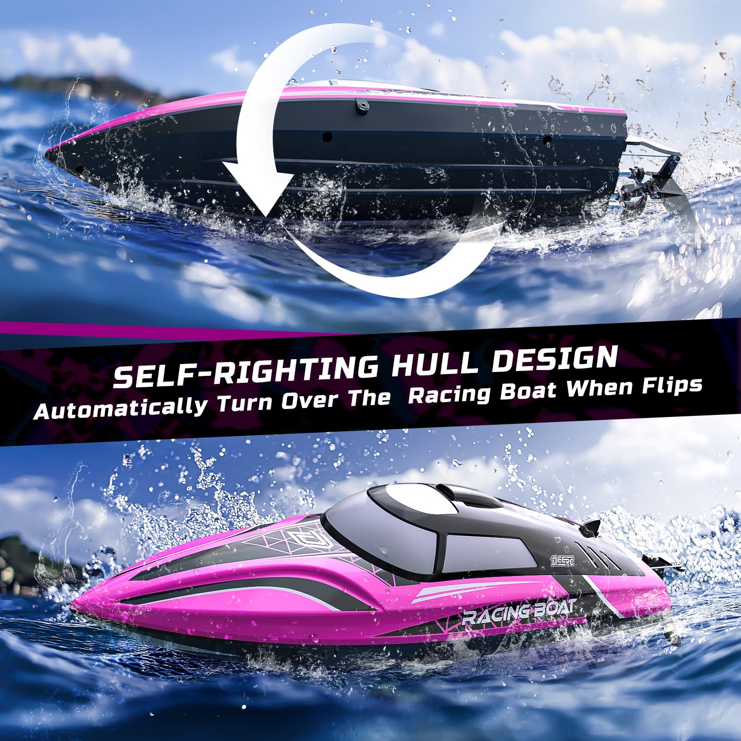 DEERC pink waterproof RC boat close-up showing double-layer sealing.
