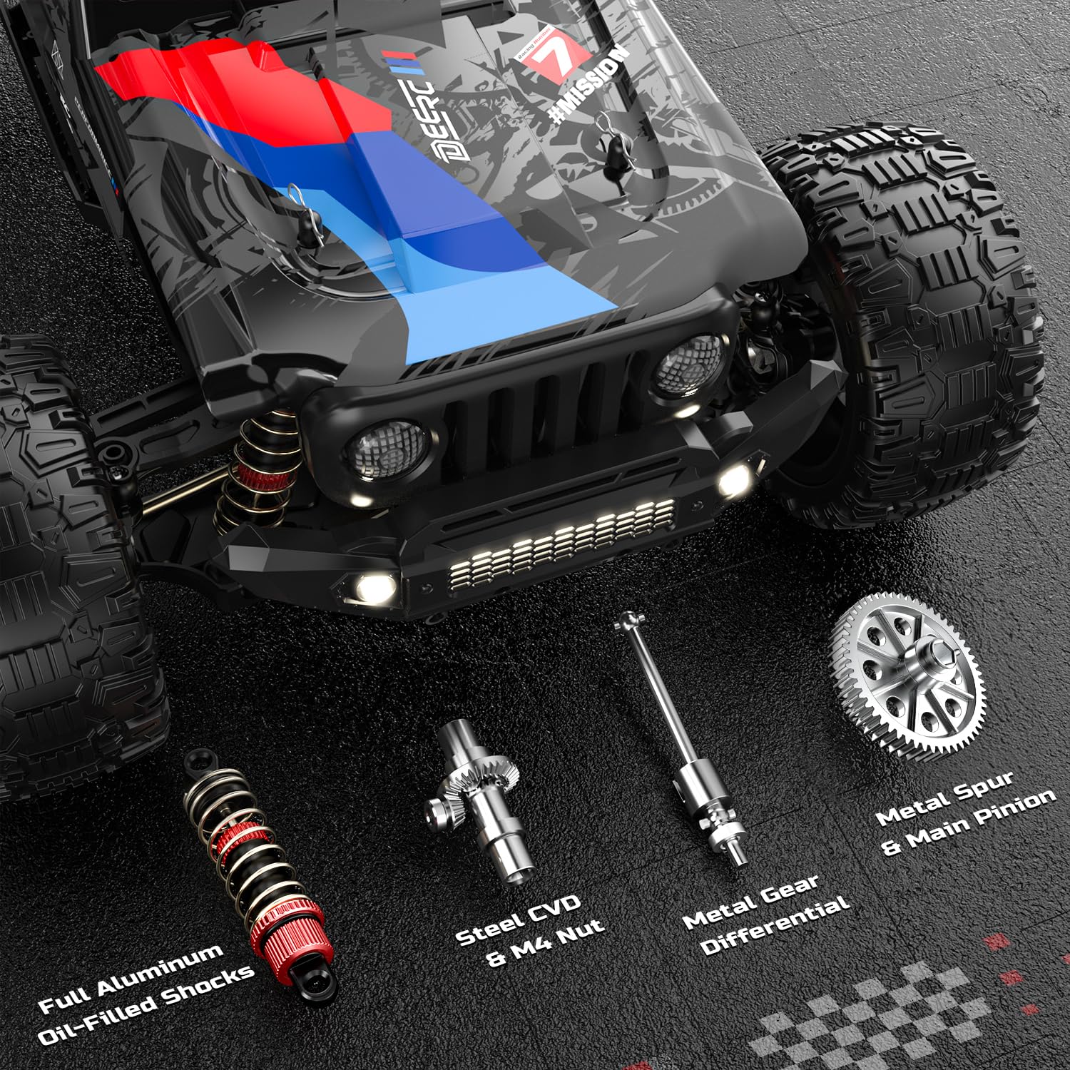 DEERC full metal drivetrain ensures durability for high-speed bashing on challenging terrain.