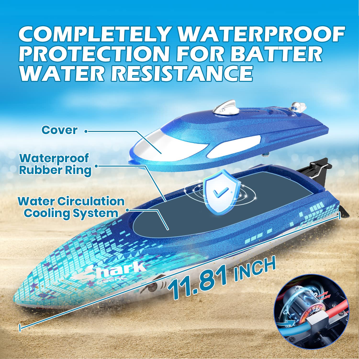 DEERC RC boat featuring capsize recovery for quick upright repositioning