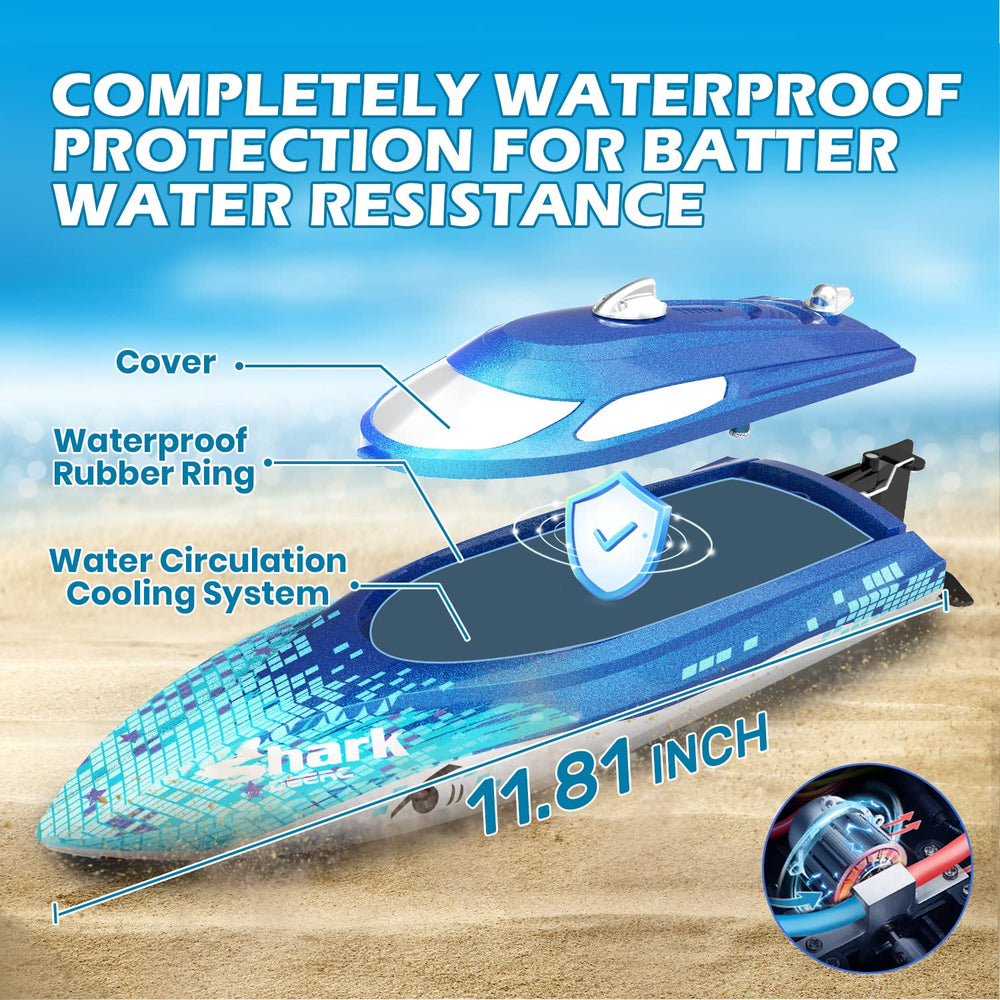 DEERC RC boat featuring capsize recovery for quick upright repositioning