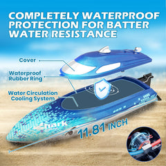 DEERC RC boat featuring capsize recovery for quick upright repositioning