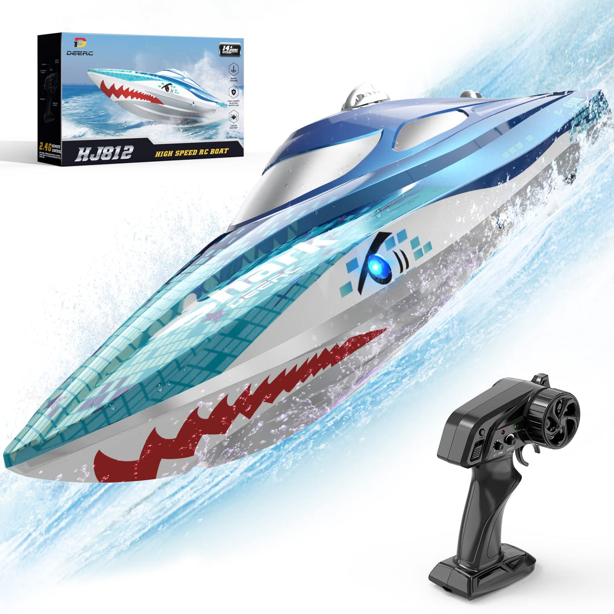 DEERC full proportional RC boat with LED shark eyes illuminates night lake racing for better visibility