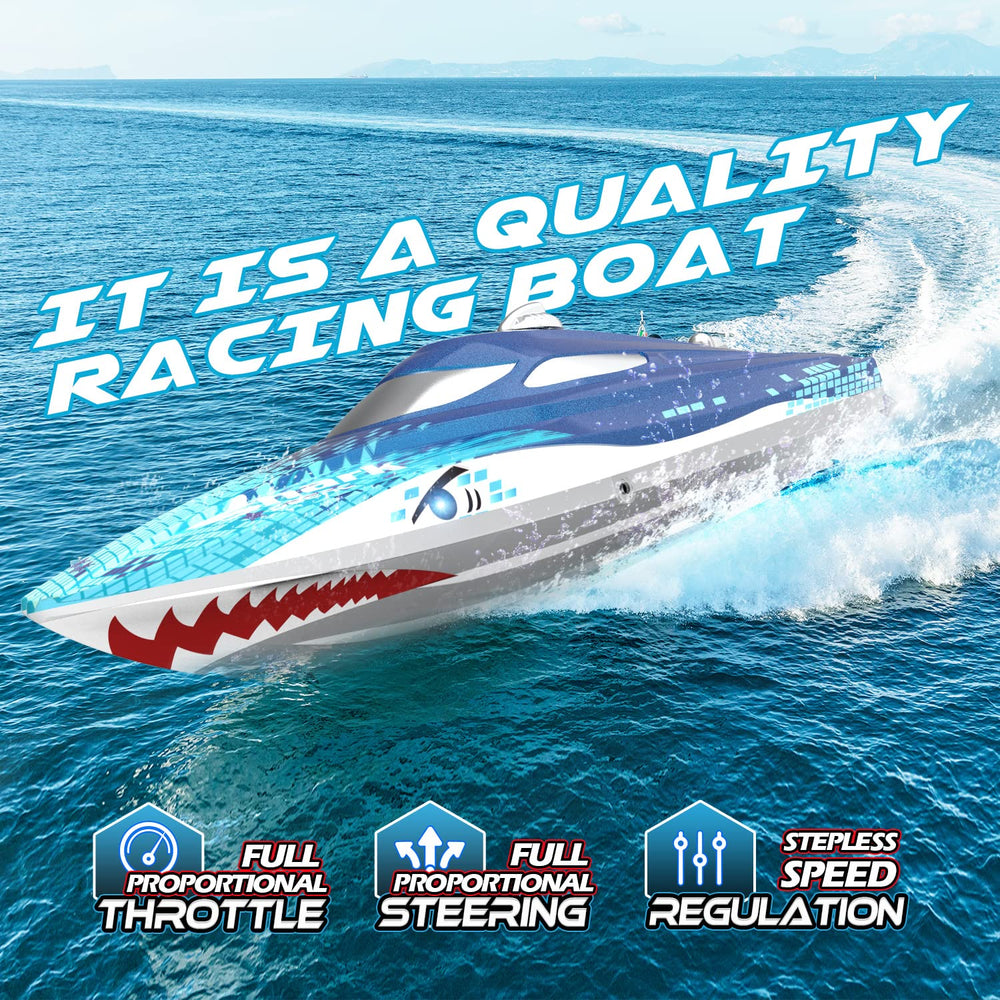 DEERC shark graffiti design on RC boat creates eye catching daytime play appeal