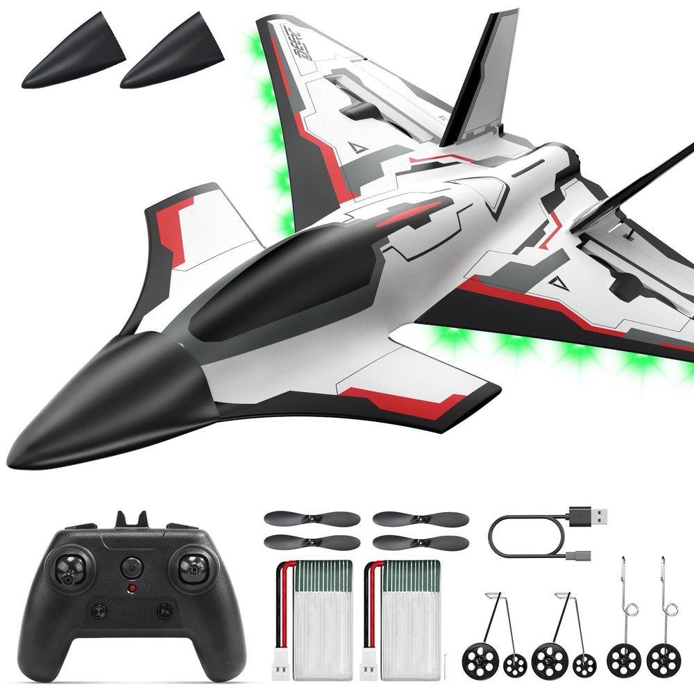 DEERC Future RC Plane with LED lights for clear night visibility during flights.