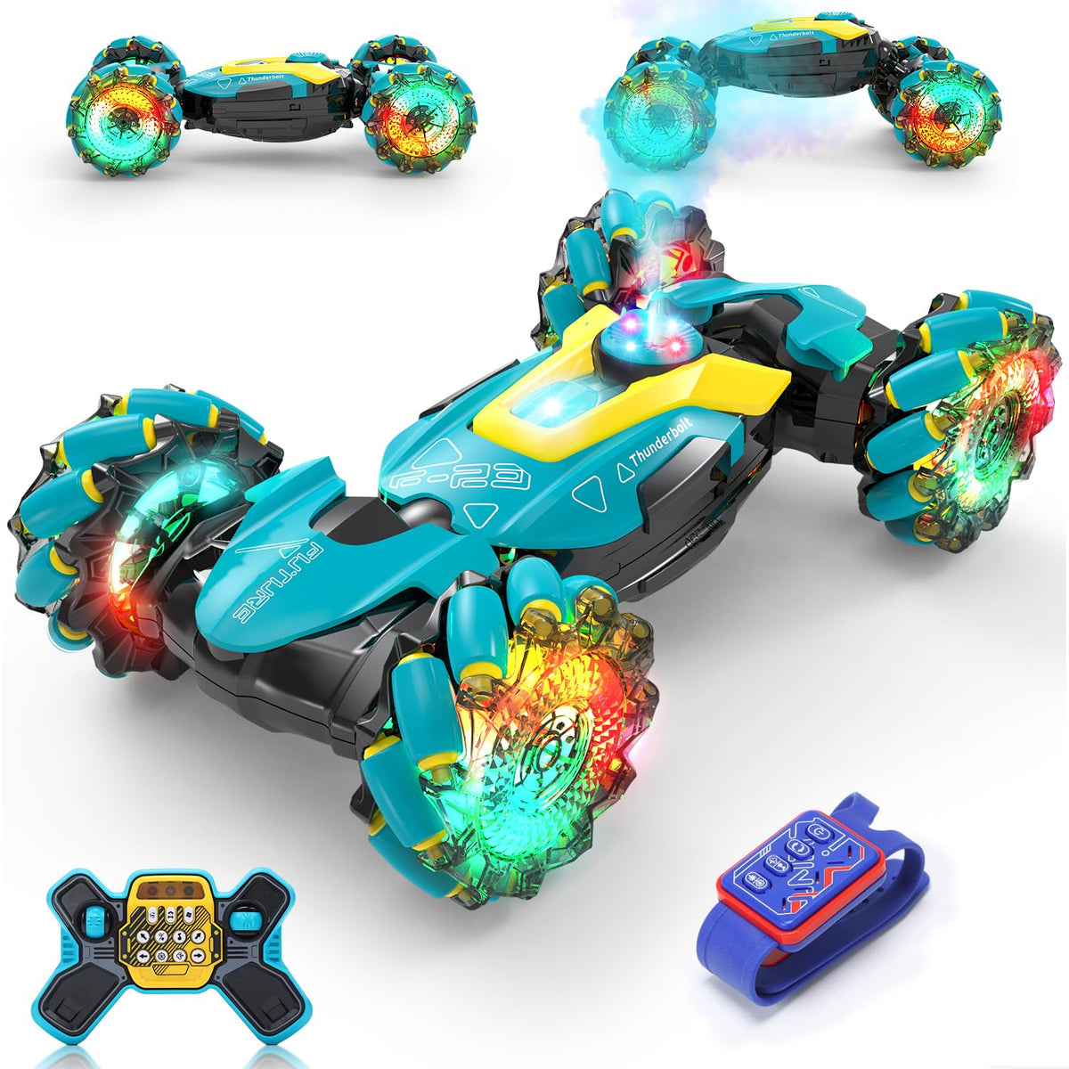 DEERC gesture-sensing RC stunt car with front-lit wheels for dramatic night action.